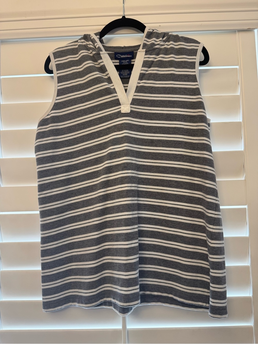Catalina Gray & White Striped Sleeveless Hooded Terry Top | Size Large - Picture 2 of 5